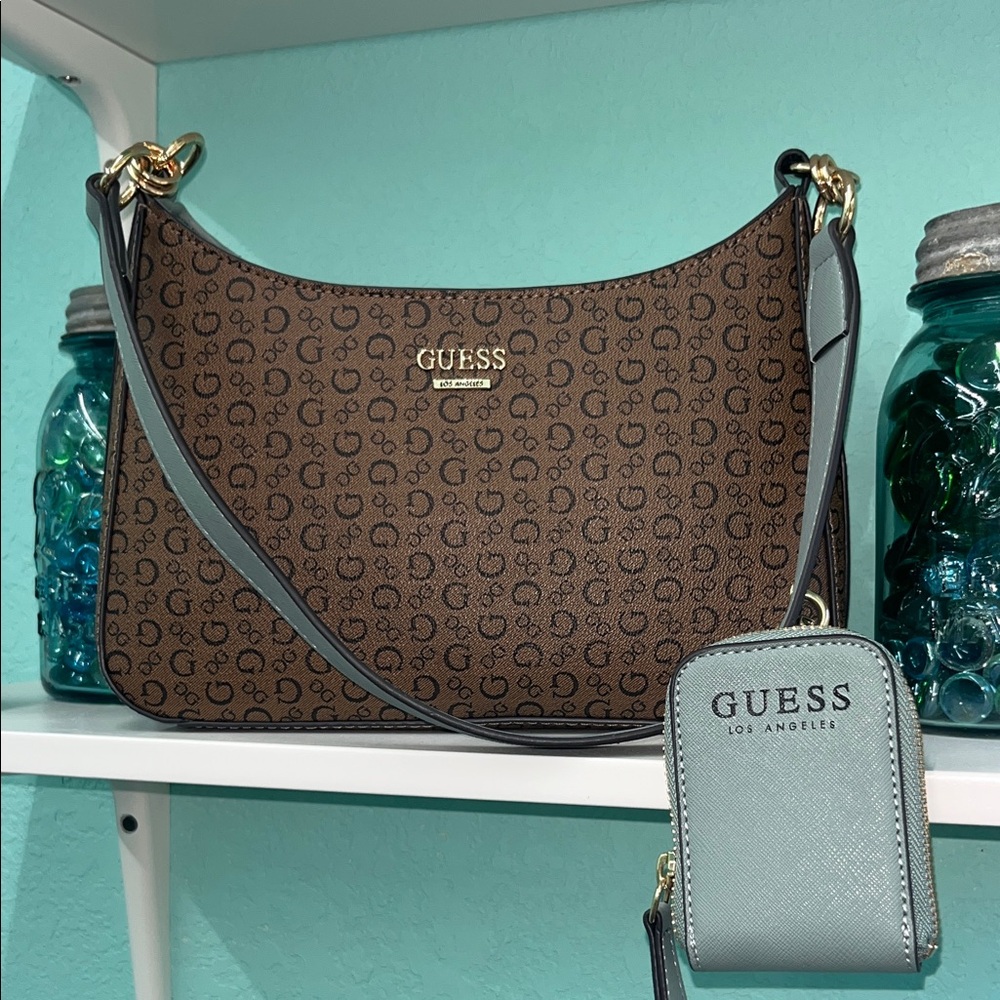 GUESS Brown and light blue Shoulder Bag